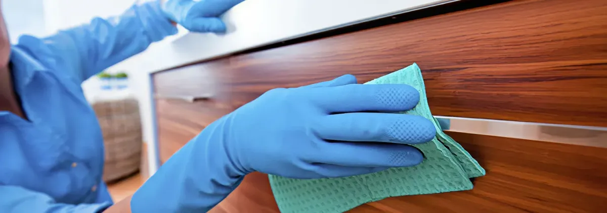 Cleaner wearing blue gloves wiping a wooden cabinet drawer with a microfiber cloth for dust and grime removal, Cleveland, OH.